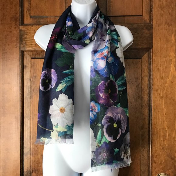 Isaac Mizrahi Live! #2 Navy Blue with Pansies & Other Flowers Scarf 74" x 28" - Picture 4 of 12